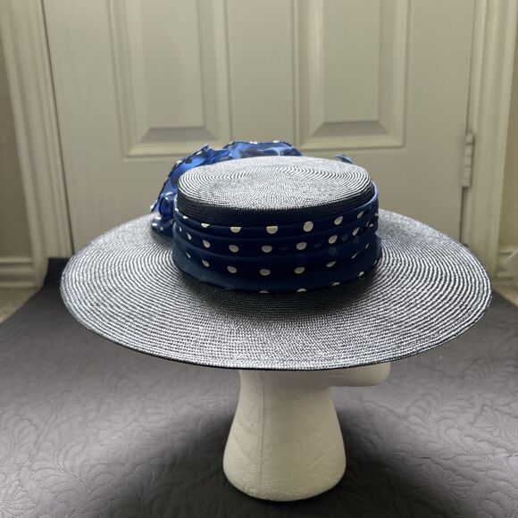 VTG 70s 80s Sonni San Francisco Hat Navy & Polka Taffeta Band Bow Kentucky Derby - Picture 1 of 8